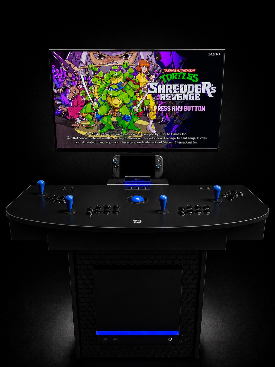 Custom 4-player pedestal arcade cabinet running Teenage Mutant Ninja Turtles: Shredder's Revenge