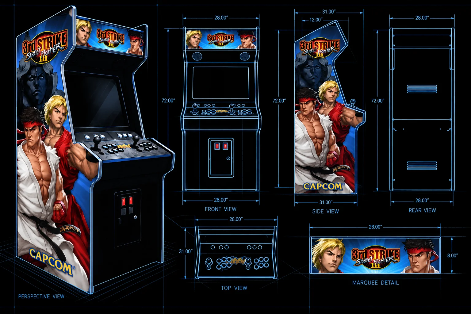 Retro 3rd Strike cabinet design schematic with perspective, front, side, rear, top and marquee views